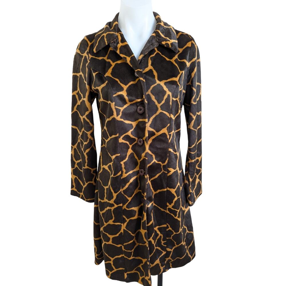 Luce Size Small Giraffe Print  Shirt Dress Coat Brown Black Button Up